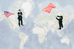 Businessmen standing on world map, waving American and Chinese flags